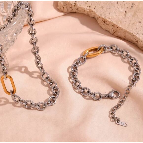 Oval Link Stainless Steel 18K Gold Necklace Bracelet Set Industrial Urban NEW - Picture 5 of 5